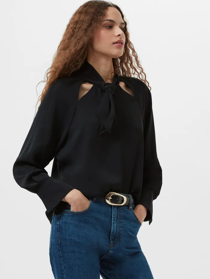 French Connection Carmen Recycled Crepe Tie Blouse Blackout Woman Tops
