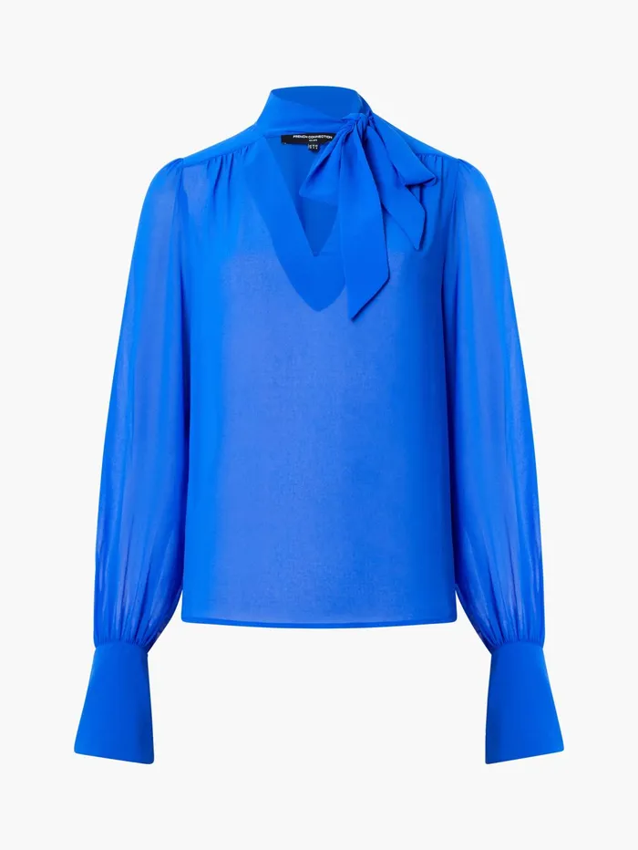 French Connection Eden Georgette Tie Neck Blouse Chroma Blue Woman Tops