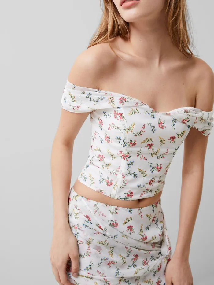 French Connection Floriana Hallie Crinkle Bardot Top Summer White Woman Coords