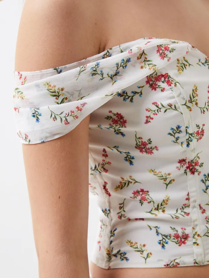 French Connection Floriana Hallie Crinkle Bardot Top Summer White Woman Coords