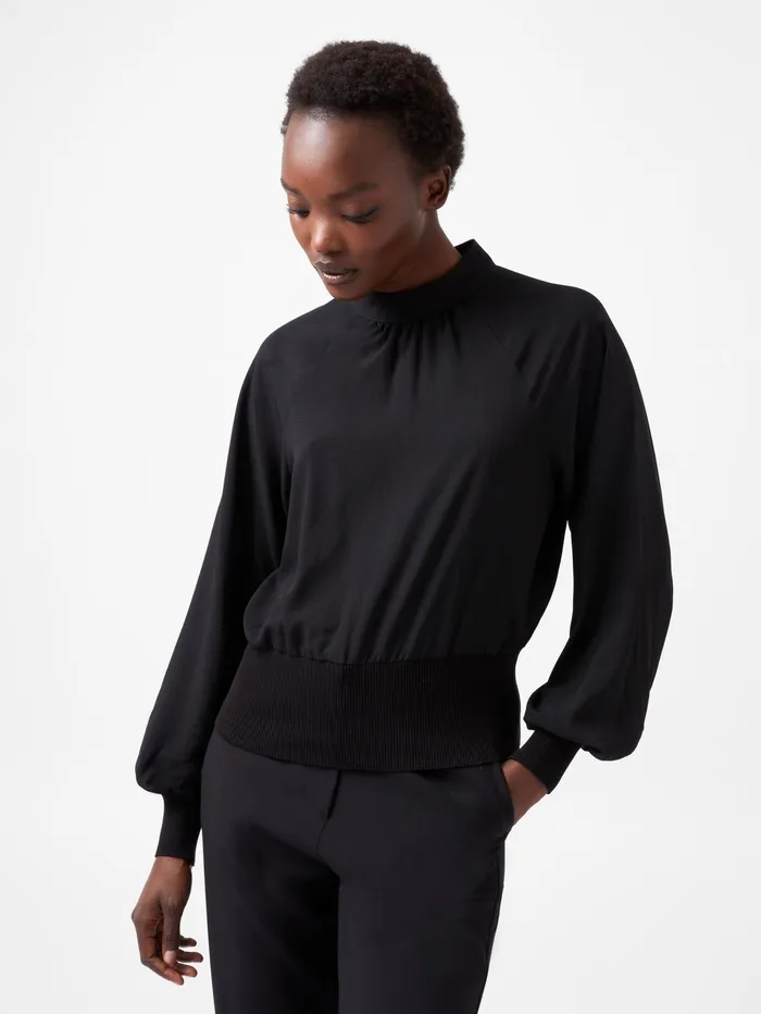 French Connection Krista Knit Long Sleeve Stand Neck Top Blackout Woman Tops