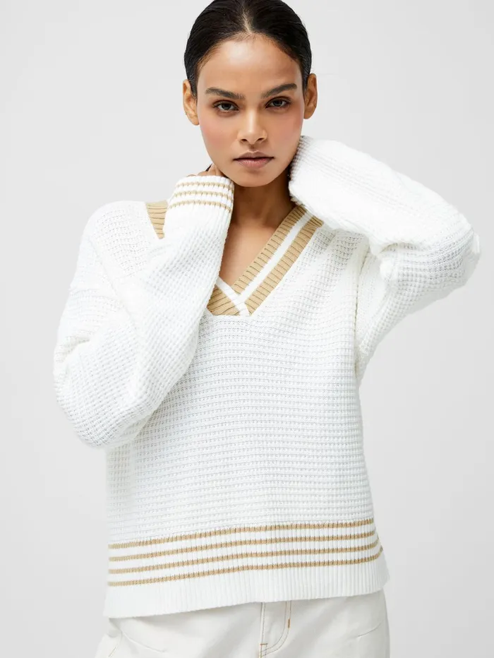 French Connection Lily Long Sleeve Varsity V Neck Jumper Summer WhiteSand Woman Jumpers and Cardigans French Connection Lily Long Sleeve Varsity V Neck Jumper Summer WhiteSand Woman Jumpers and Cardigans