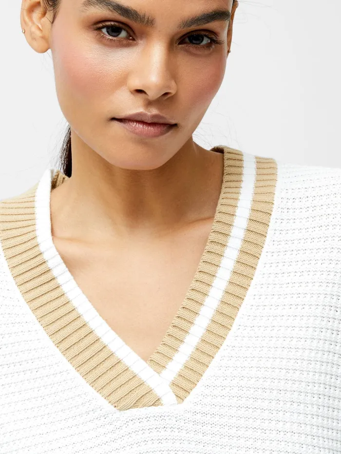 French Connection Lily Long Sleeve Varsity V Neck Jumper Summer WhiteSand Woman Jumpers and Cardigans