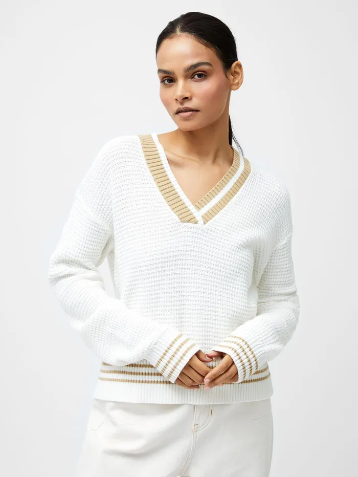 French Connection Lily Long Sleeve Varsity V Neck Jumper Summer WhiteSand Woman Jumpers and Cardigans