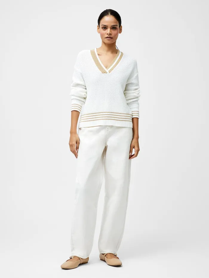 French Connection Lily Long Sleeve Varsity V Neck Jumper Summer WhiteSand Woman Jumpers and Cardigans