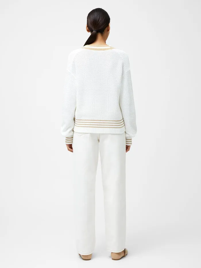 French Connection Lily Long Sleeve Varsity V Neck Jumper Summer WhiteSand Woman Jumpers and Cardigans