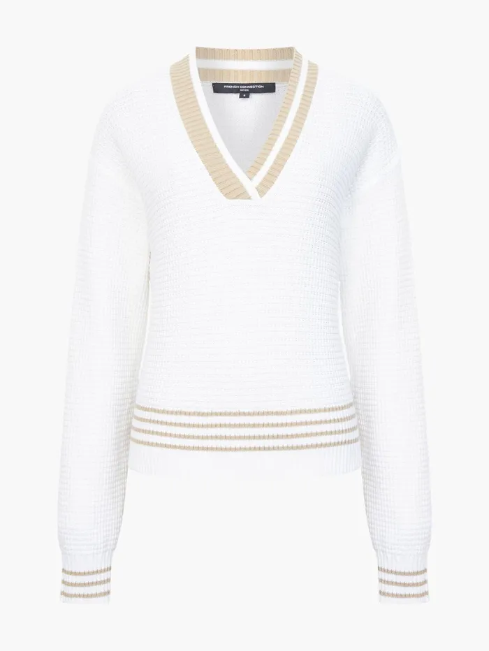 French Connection Lily Long Sleeve Varsity V Neck Jumper Summer WhiteSand Woman Jumpers and Cardigans