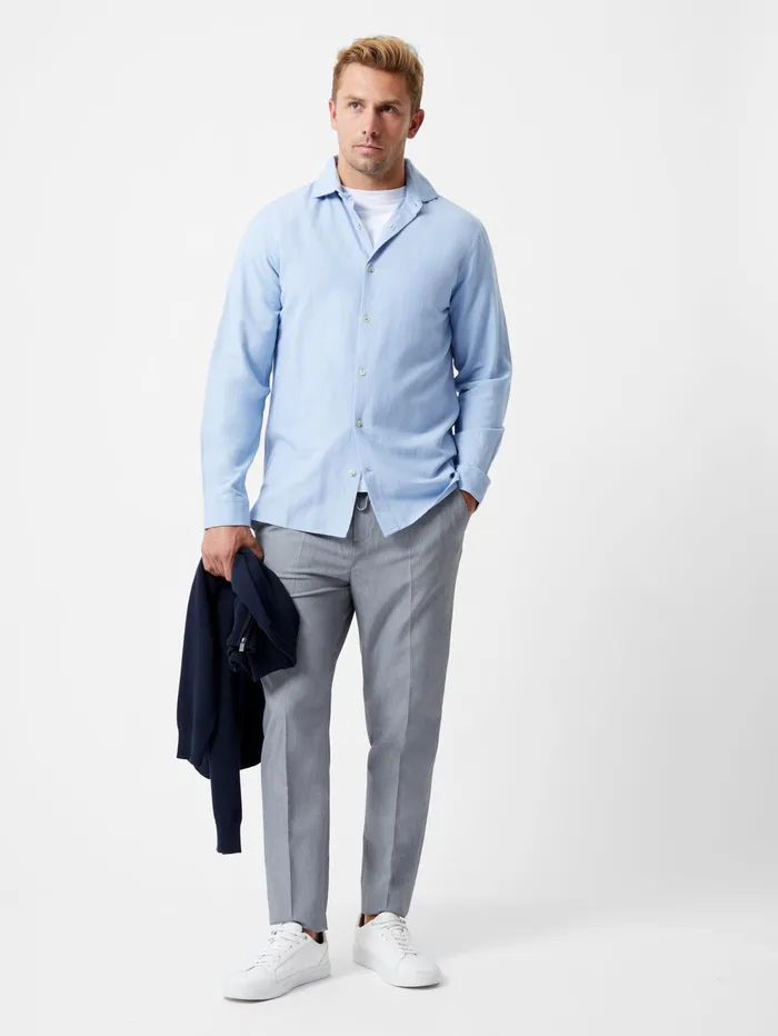 French Connection Long Sleeve Linen Blend Shirt Light Blue Man Shirts