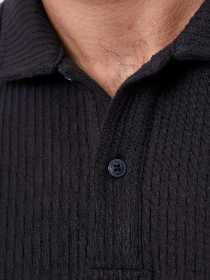 French Connection Long Sleeve Waffle Polo Shirt Marine Man TShirts and Polo Shirts