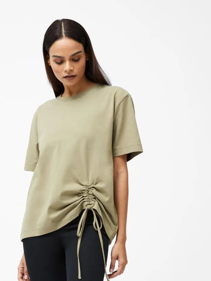 French Connection Rallie Cotton Rouched TShirt Cool Olive Green Woman Tops