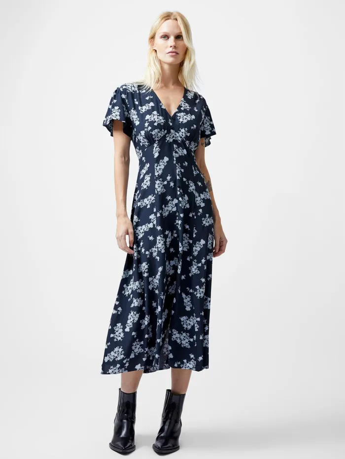 French Connection Raquel Eco Flutter Sleeve VNeck Midi Dress Navy Woman Dresses French Connection Raquel Eco Flutter Sleeve VNeck Midi Dress Navy Woman Dresses