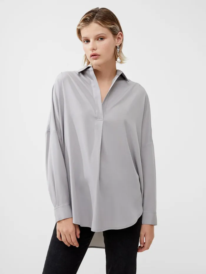 French Connection Rhodes Recycled Crepe Popover Shirt 8211 Alloy Woman Tops