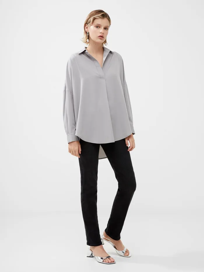 French Connection Rhodes Recycled Crepe Popover Shirt 8211 Alloy Woman Tops