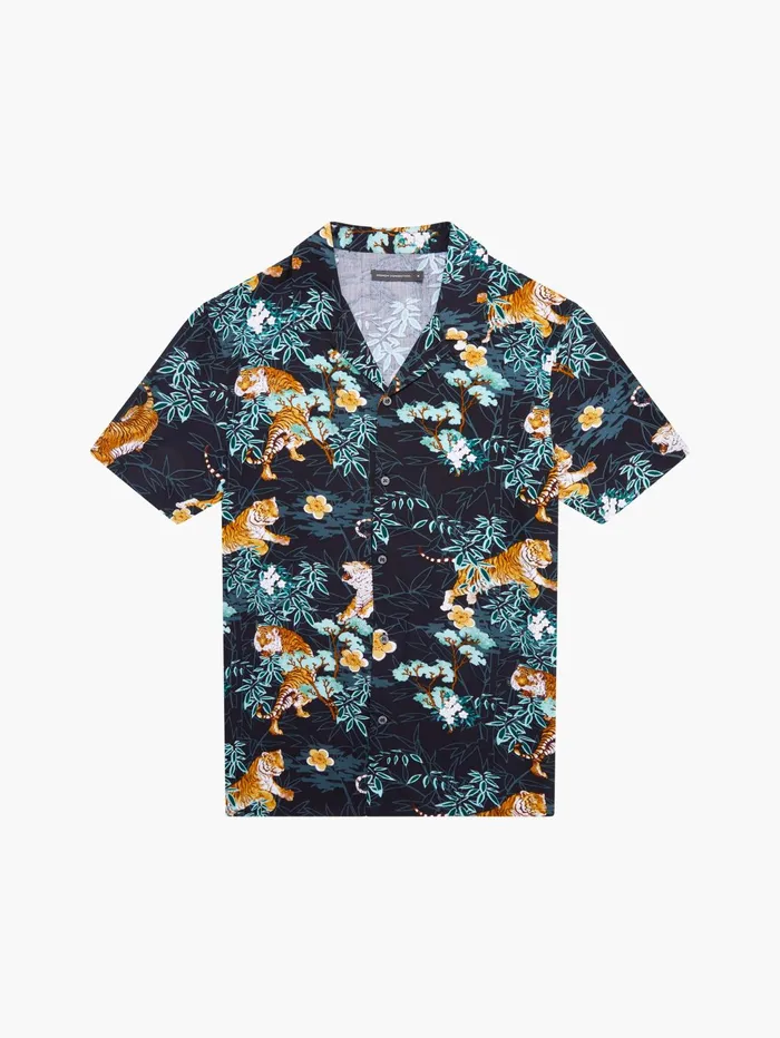French Connection Tiger Bamboo Viscose Short Sleeve Shirt Black Man Shirts