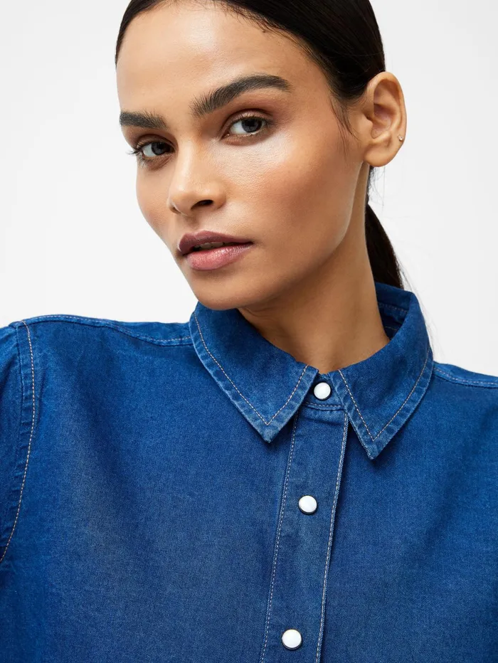 French Connection Zaves Chambray Balloon Sleeve Shirt Chambray Blue Woman Tops