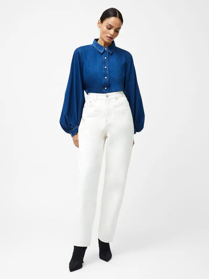 French Connection Zaves Chambray Balloon Sleeve Shirt Chambray Blue Woman Tops
