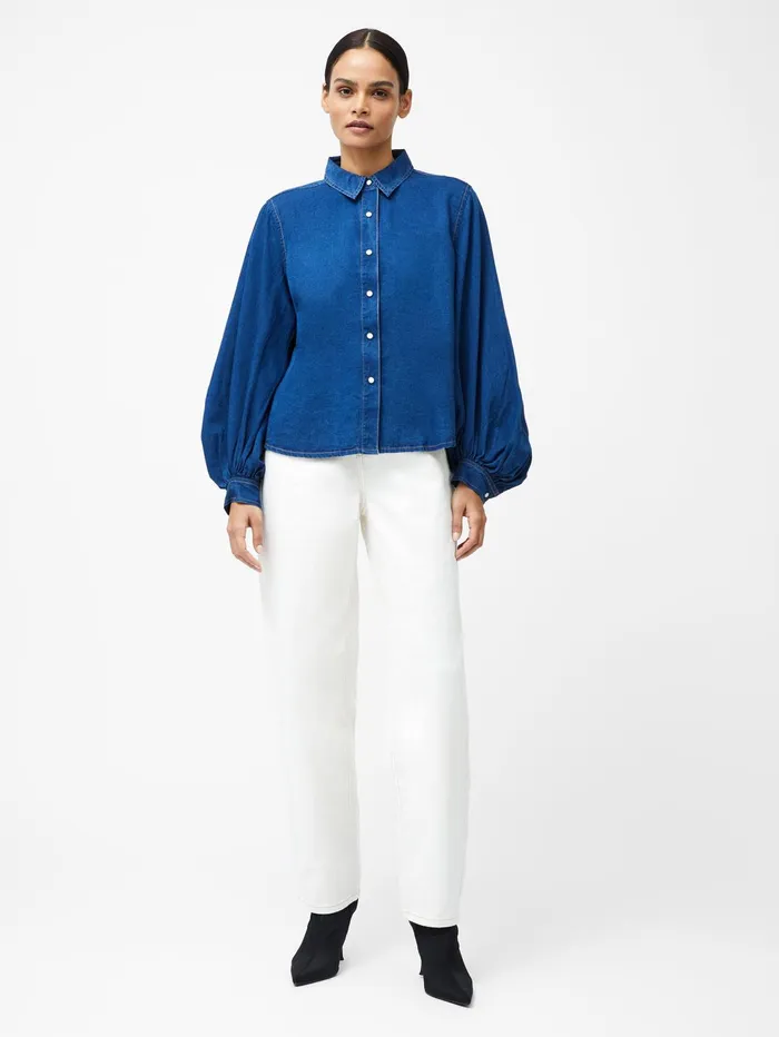 French Connection Zaves Chambray Balloon Sleeve Shirt Chambray Blue Woman Tops