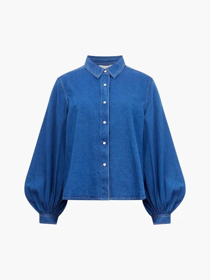 French Connection Zaves Chambray Balloon Sleeve Shirt Chambray Blue Woman Tops