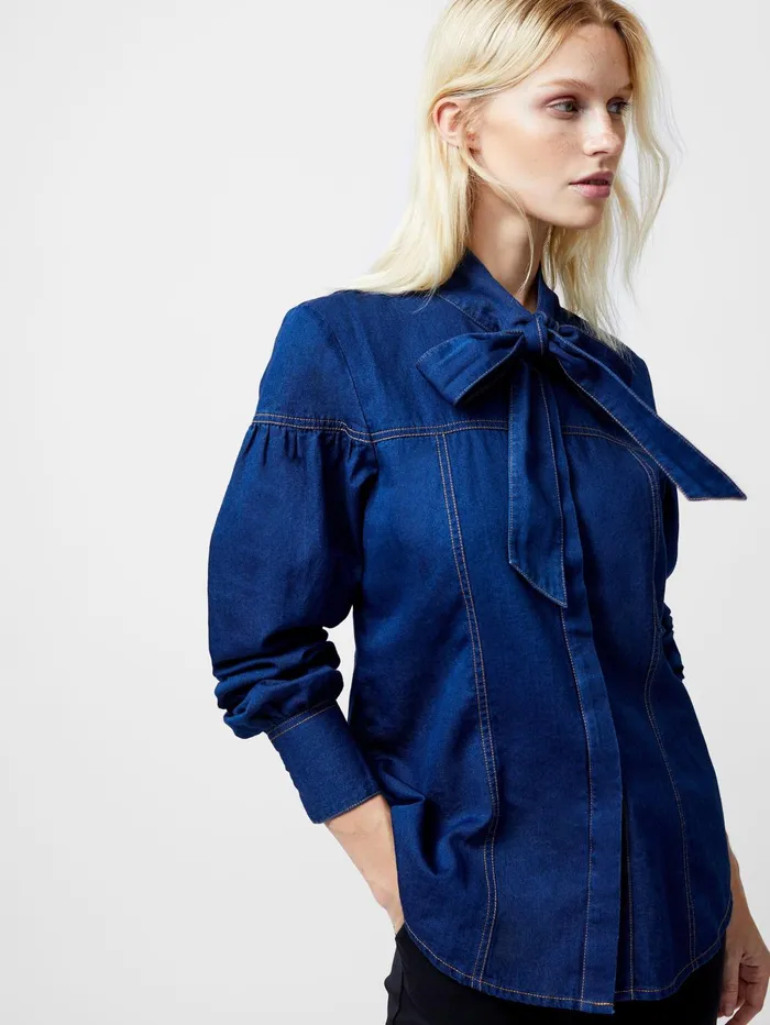 French Connection Zaves Chambray Tie Neck Button Up Shirt Clean Indigo Woman Tops French Connection Zaves Chambray Tie Neck Button Up Shirt Clean Indigo Woman Tops