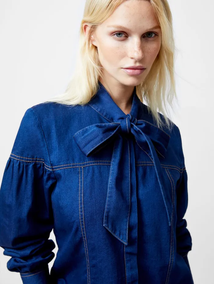 French Connection Zaves Chambray Tie Neck Button Up Shirt Clean Indigo Woman Tops