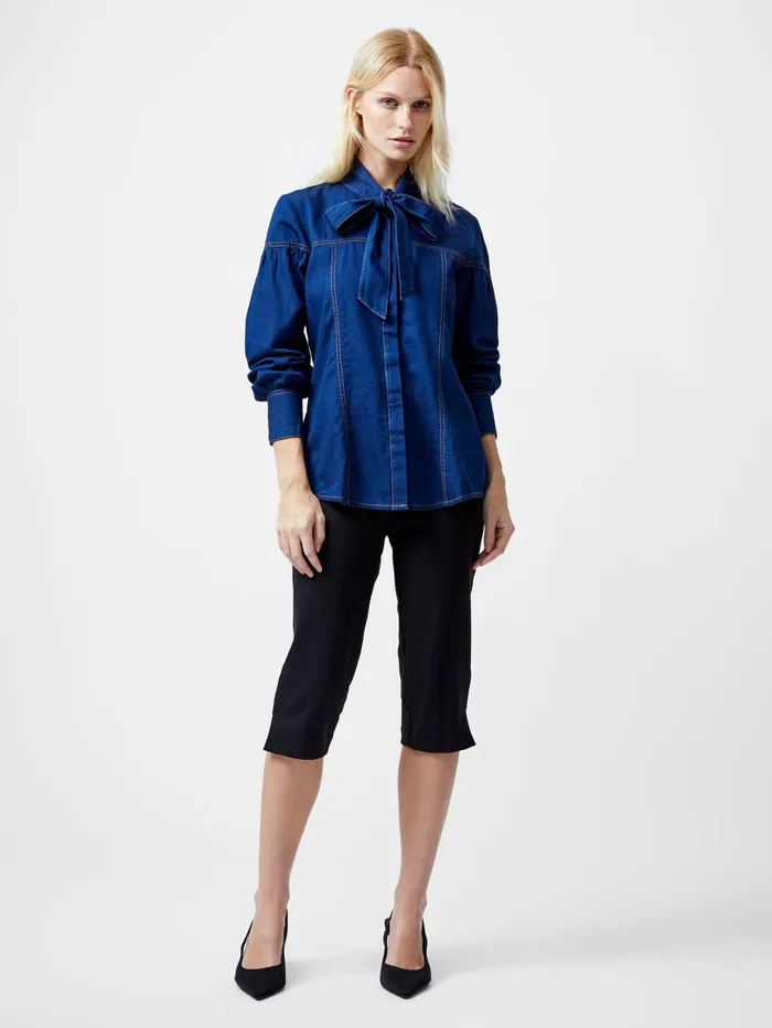 French Connection Zaves Chambray Tie Neck Button Up Shirt Clean Indigo Woman Tops
