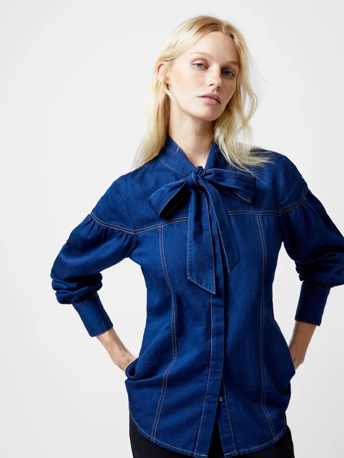 French Connection Zaves Chambray Tie Neck Button Up Shirt Clean Indigo Woman Tops