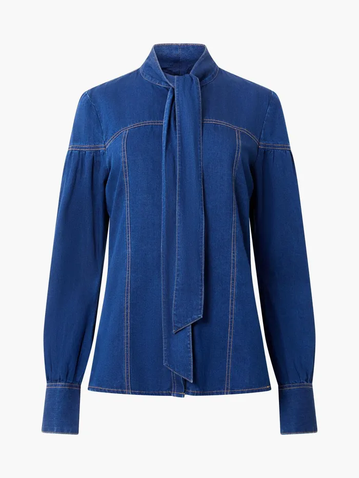 French Connection Zaves Chambray Tie Neck Button Up Shirt Clean Indigo Woman Tops