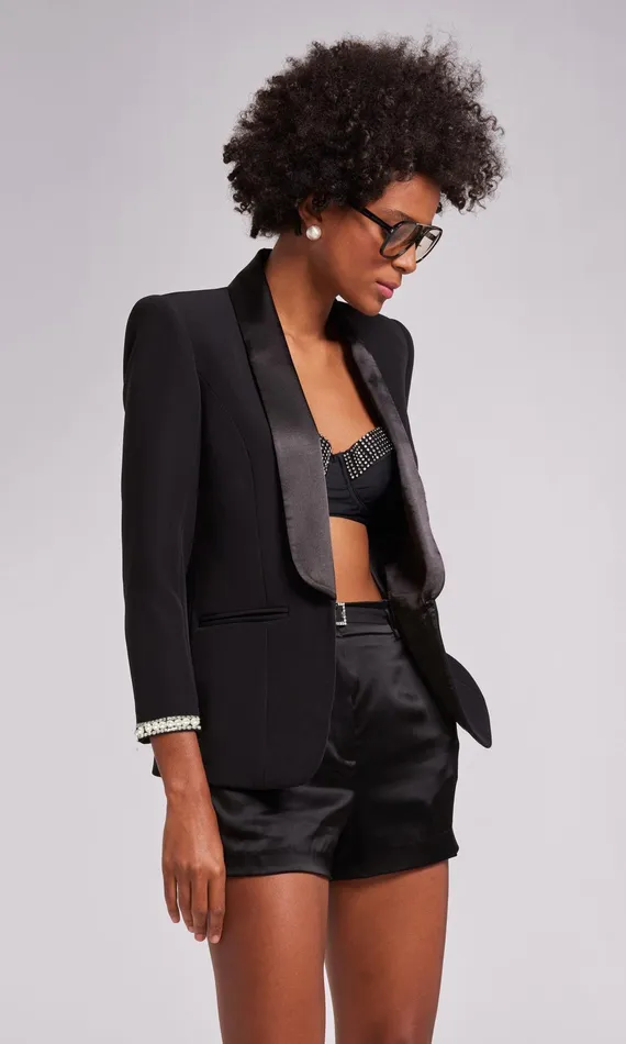 Generation Love Clothing Argo Pearl Satin Combo Crepe Blazer Black Women Blazers and Jackets