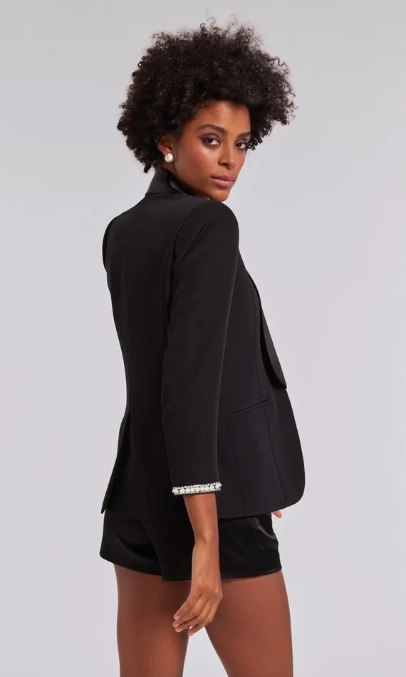 Generation Love Clothing Argo Pearl Satin Combo Crepe Blazer Black Women Blazers and Jackets