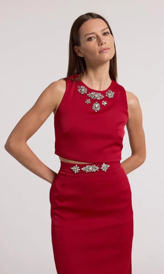 Generation Love Clothing Opal Crystal Embellished Satin Top Rubyclear Women Tops