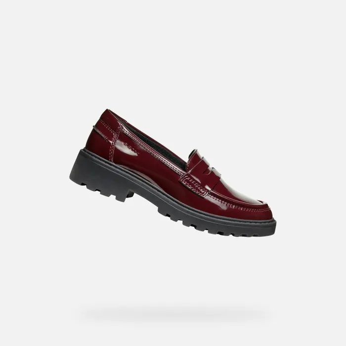 Geox Uniform Shoes CASEY GIRL Dark Burgundy Leather Loafers Dark Burgundy 8211 Kids