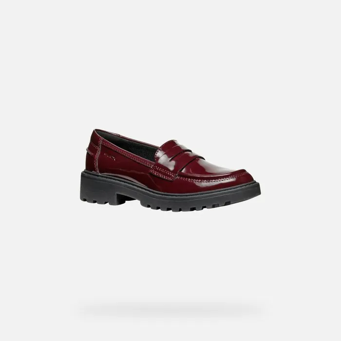 Geox Uniform Shoes CASEY GIRL Dark Burgundy Leather Loafers Dark Burgundy 8211 Kids