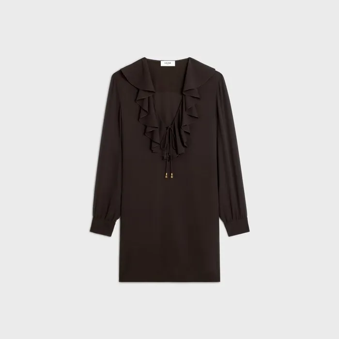 Jabot Mini Dress In Silk Georgette Ebene Women CELINE DRESSES AND SKIRTS
