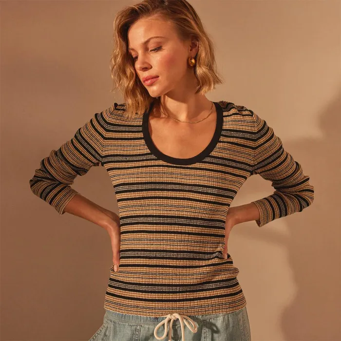 James Perse Sweaters Stretch Linen Ribbed U Neck Black Stripe 8211 Women