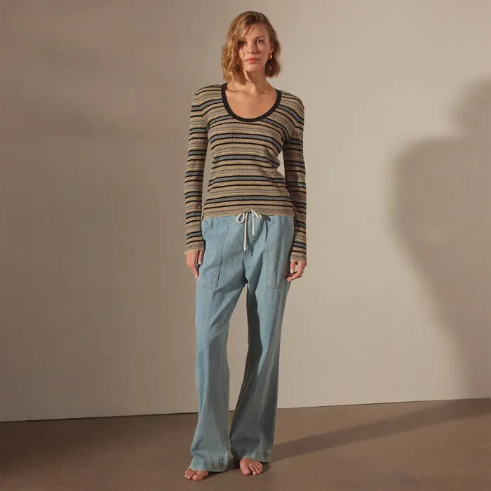 James Perse Sweaters Stretch Linen Ribbed U Neck Black Stripe 8211 Women