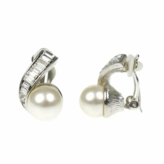 Kenneth Jay Lane Clear Crystal Earrings Women Barbara Bush Pearl And Crystal Swirl ClipOn Earrings