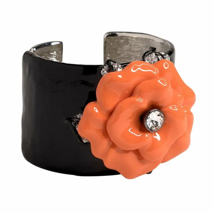 Kenneth Jay Lane Dark Color Bracelets Women Black Cuff With Coral Flower