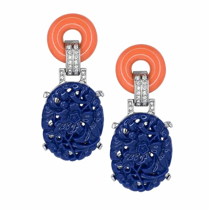 Kenneth Jay Lane Dark Color Earrings Women Carved Lapis Drop Earrings