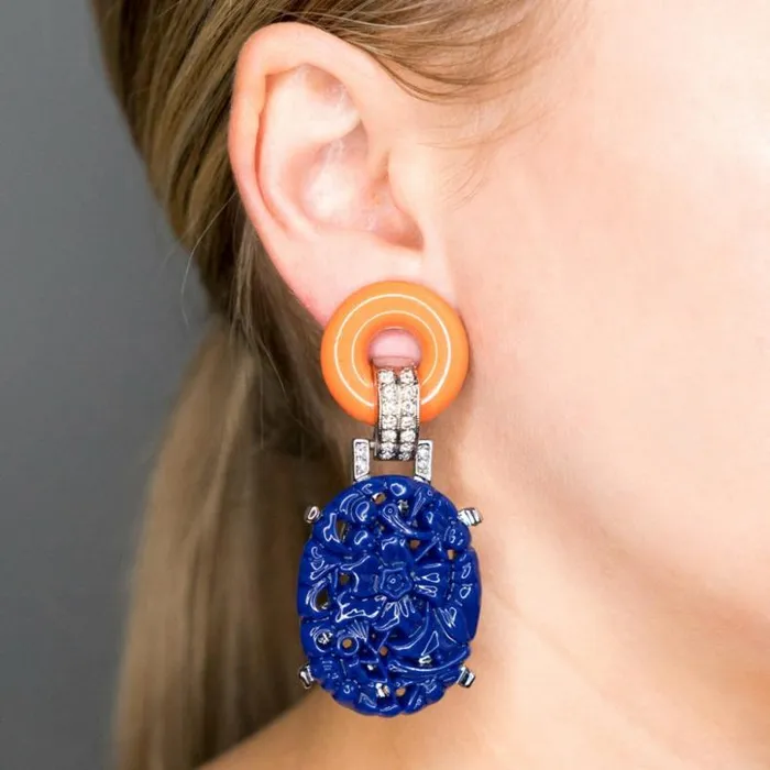 Kenneth Jay Lane Dark Color Earrings Women Carved Lapis Drop Earrings