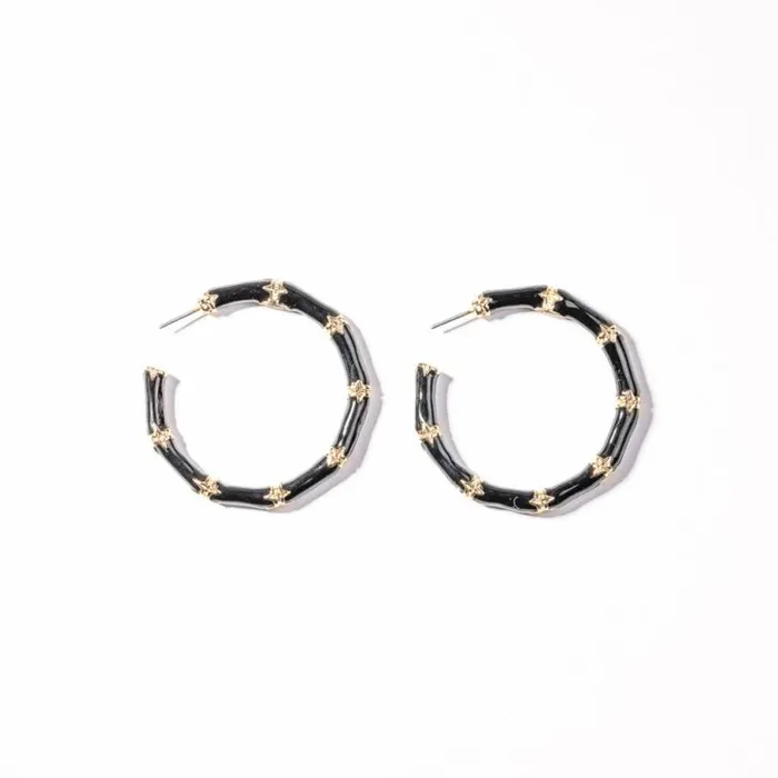 Kenneth Jay Lane Dark Color Earrings Women Medium Black Bamboo Hoop Pierced Earrings