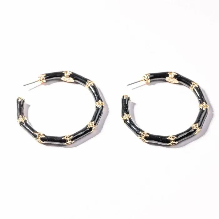 Kenneth Jay Lane Dark Color Earrings Women Medium Black Bamboo Hoop Pierced Earrings