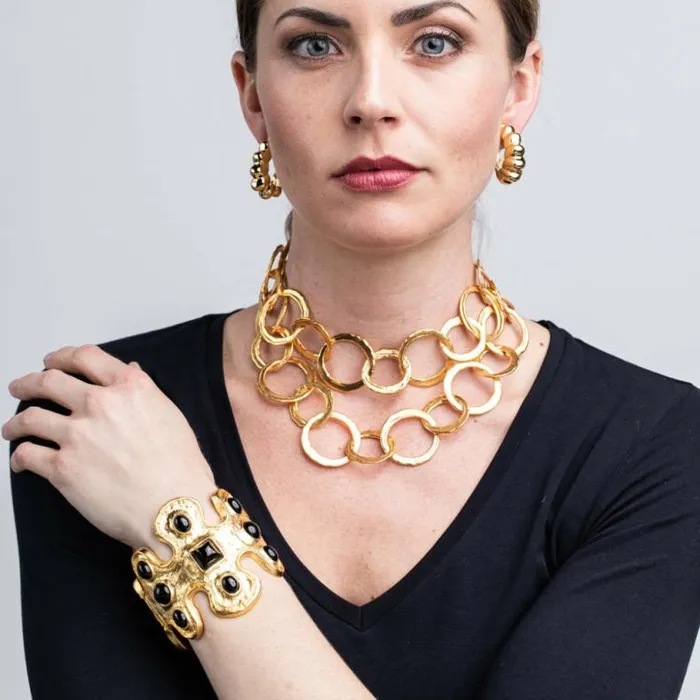 Kenneth Jay Lane Dark Color Gem Bracelets Women Gold And Black Cabochon Cuff