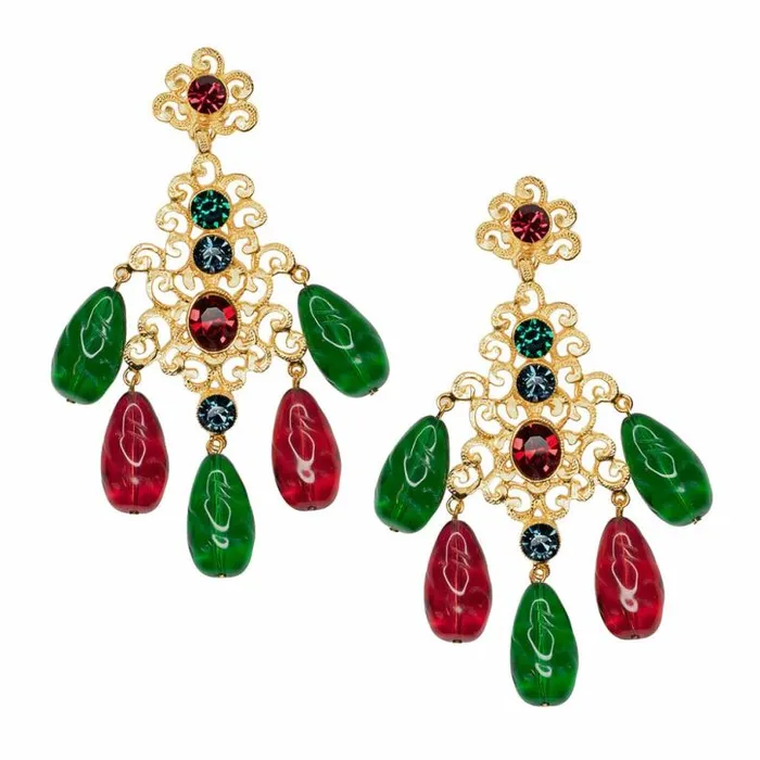 Kenneth Jay Lane Dark Color Gem Earrings Women Multicolored Filigree Drop Clip Earrings Kenneth Jay Lane Dark Color Gem Earrings Women Multicolored Filigree Drop Clip Earrings
