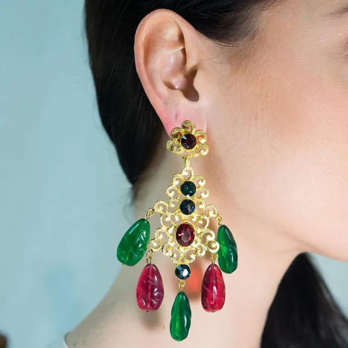 Kenneth Jay Lane Dark Color Gem Earrings Women Multicolored Filigree Drop Clip Earrings