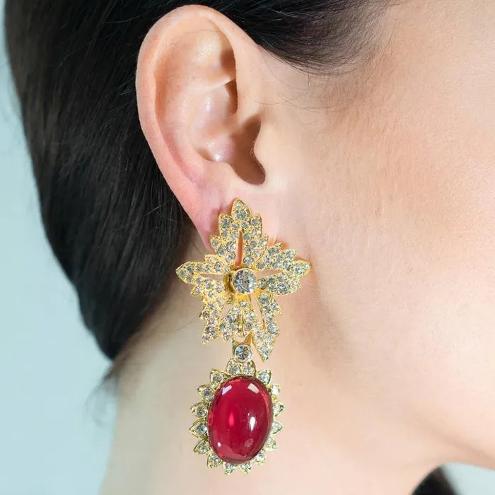 Kenneth Jay Lane Dark Color Gem Earrings Women Ruby Drop Clip Earrings Kenneth Jay Lane Dark Color Gem Earrings Women Ruby Drop Clip Earrings