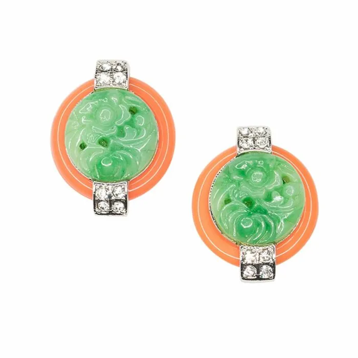 Kenneth Jay Lane Light Color Earrings Women Coral And Jade Art Deco Clip Earrings Kenneth Jay Lane Light Color Earrings Women Coral And Jade Art Deco Clip Earrings