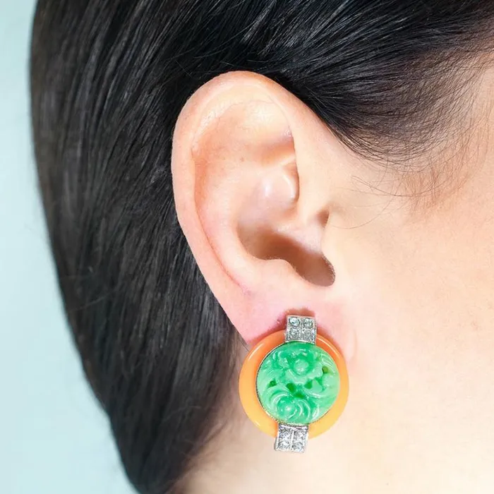 Kenneth Jay Lane Light Color Earrings Women Coral And Jade Art Deco Clip Earrings Kenneth Jay Lane Light Color Earrings Women Coral And Jade Art Deco Clip Earrings