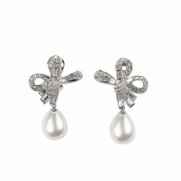 Kenneth Jay Lane Pearl Earrings Women Crystal Bow Pearl Drop Clip Earrings