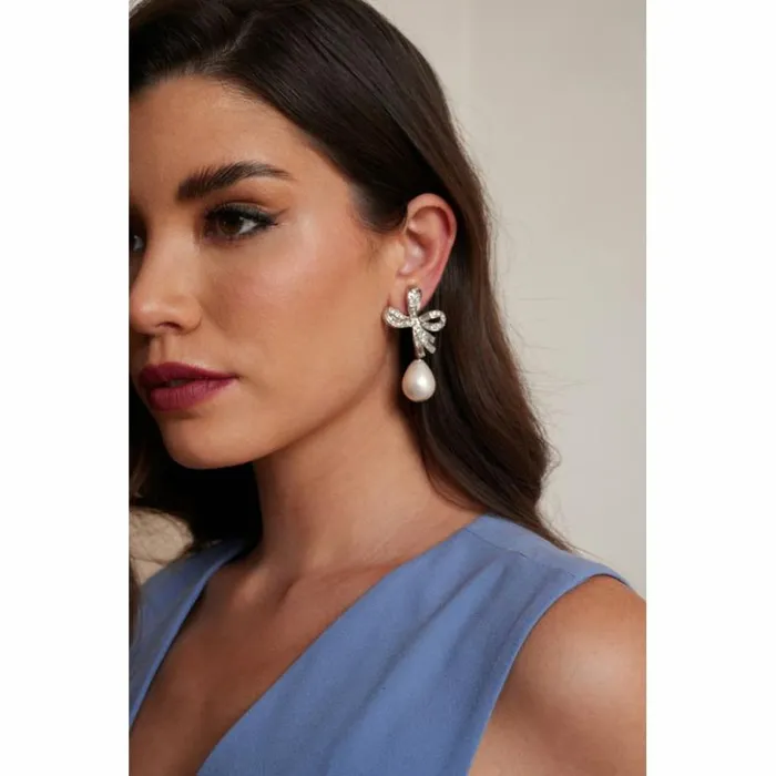 Kenneth Jay Lane Pearl Earrings Women Crystal Bow Pearl Drop Clip Earrings