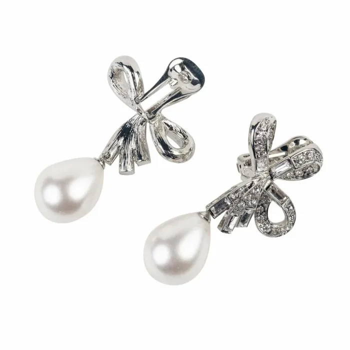 Kenneth Jay Lane Pearl Earrings Women Crystal Bow Pearl Drop Clip Earrings
